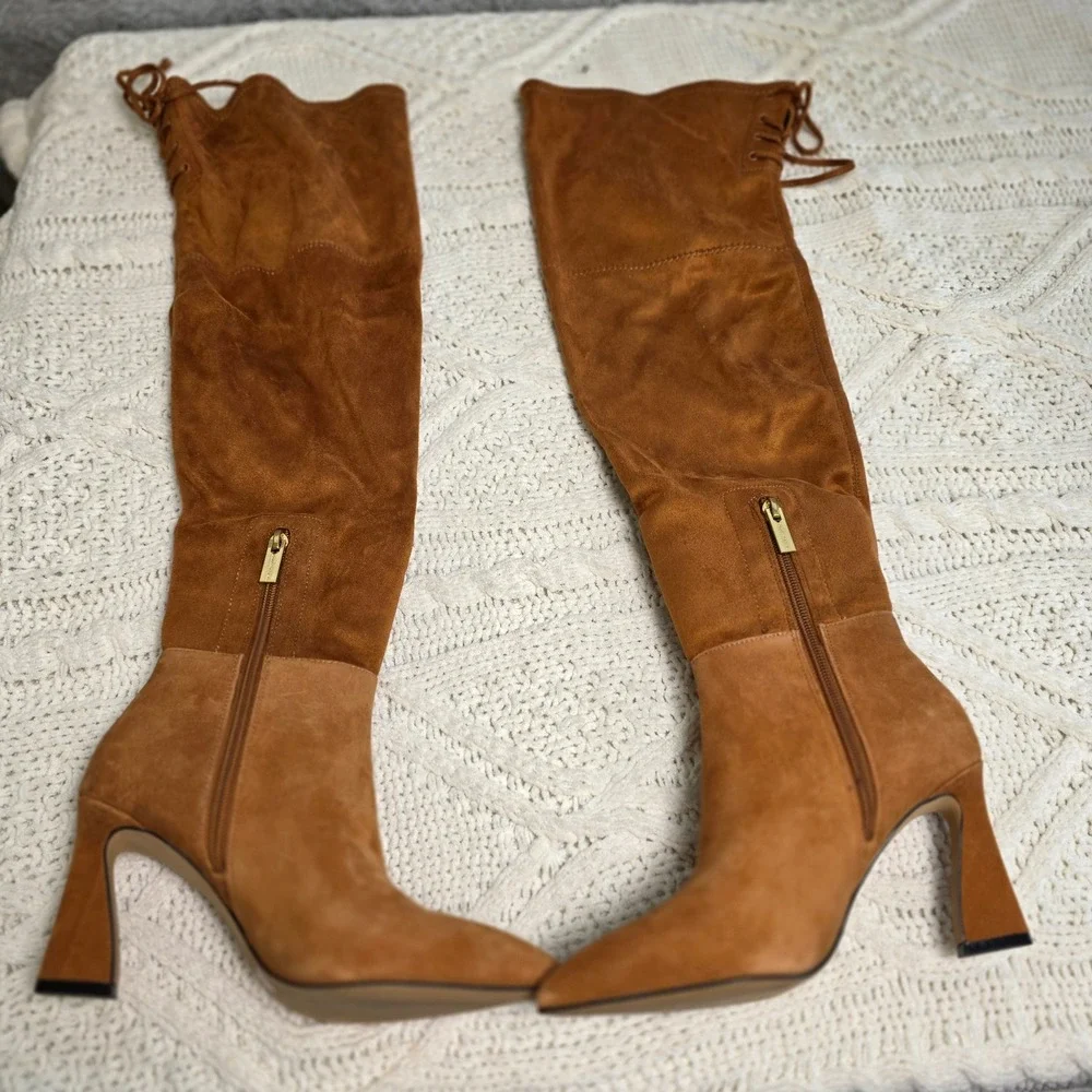 Vince Camuto Over The Knee Lace Up‎ Boots 5.5 WIDE CALF Womens Brown Pointed Toe